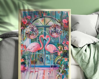 Disco Flamingos In Love ! - Maximalist Funky Wall Art - Retro Flamingo Print - Disco Wall Art - Flamingo Art Print - Funky Flamingo Poster