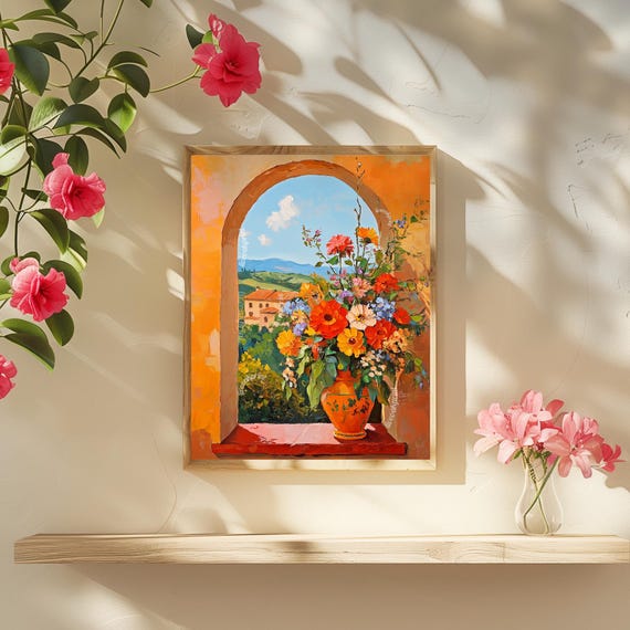 Italian Still Life Wall Art - Vase of Flowers With Tuscan Villa