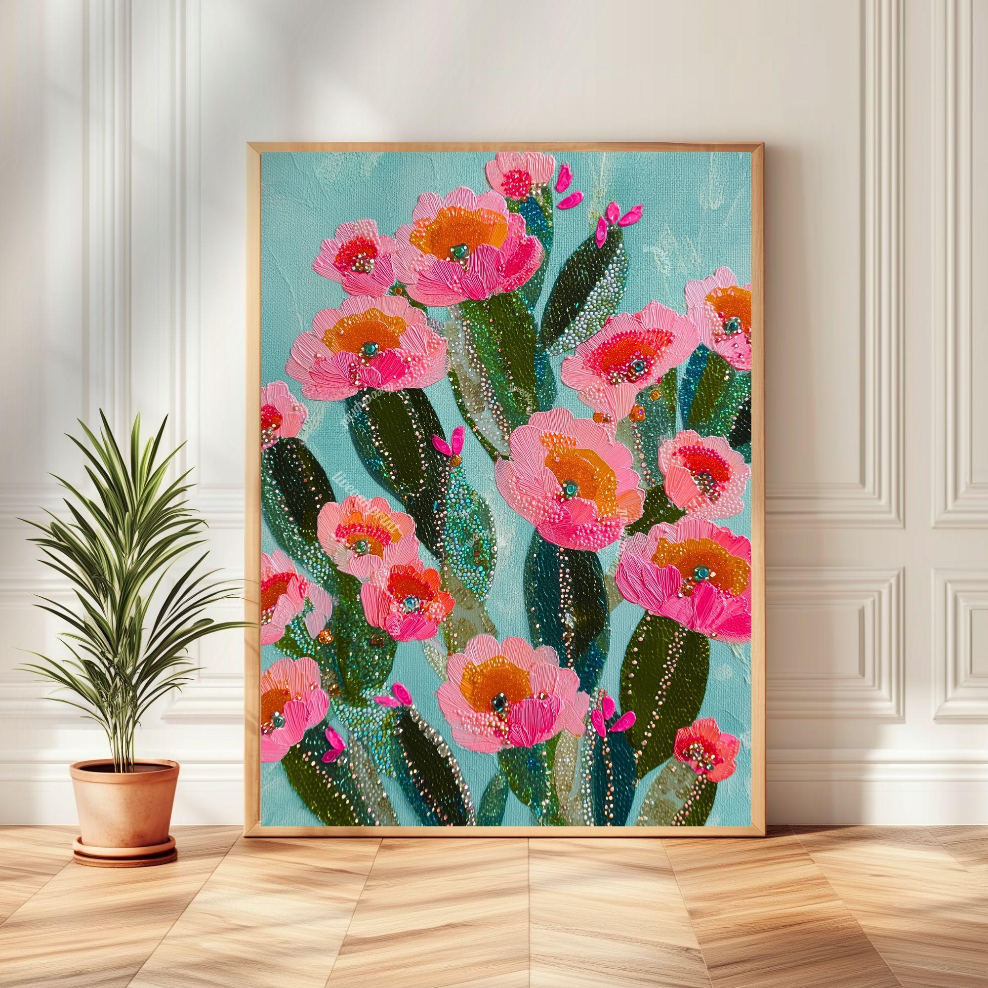 Flowering Cactus Wall Art - Boho Cactus Painting Pink Southwestern Wall ...