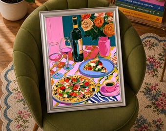 Pizza and Wine Wall Art, Maximalist Food Print, Italian Dinner Poster, Pink Kitchen Decor, Foodie Wall Art