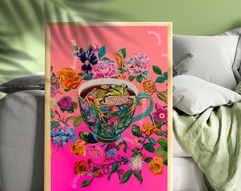 Grenouille dans une tasse à café - décoration de cuisine grenouille - art mural maximaliste - impression grenouille - art mural grenouille - déco jungle - impression cuisine maximaliste