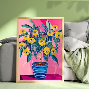 All Seeing Lemon Wall Print - Surrealist Chic Wall Art Lemon Fruit Art Print Kitchen Wall Decor Weird Wall Art Boho Wall Decor Funky Art