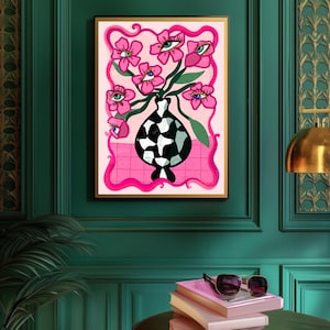 Impresión de flor de ojo surrealista rosa – Arte mural maximalista y moderno – Póster de jarrón de tablero de ajedrez rosa – Decoración retro psicodélica – Globos oculares con estética dopaminérgica