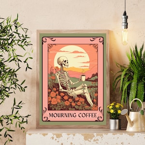 Plaque de café en deuil - sans cadre - art de cuisine gothique - panneau de cuisine effrayant - art du tarot du café - carte de tarot du café - art du squelette