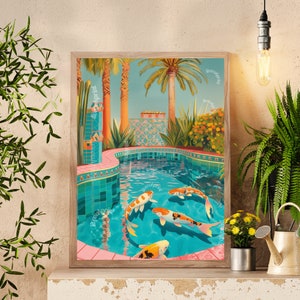 May include: A colorful illustration of a swimming pool with palm trees and koi fish. The pool is surrounded by lush greenery and has a pink tiled edge. The water is a vibrant blue and the fish are orange and white.