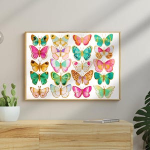 Gold und Bunter Schmetterling Wandkunst - Horizontaler Schmetterling Statement Kunstdruck