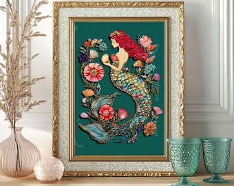 Mermaid Art Print - Ocean Wall Art - Vintage Ocean Decor - Boho Bathroom Wall Art Teal  Wall Decor Green Kitchen Print Seashell Wall Print