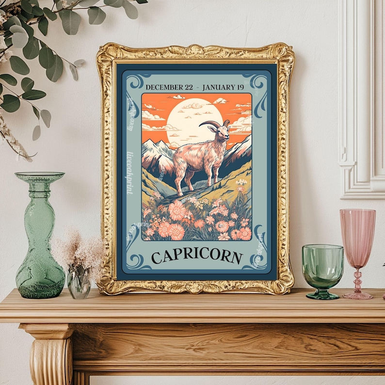 Capricorn Tarot Print – Capricorn Gift, Zodiac Wall Art Astrology Decor Ambitious Earth Sign Poster January Birthday Capricorn Art Print image 1