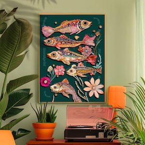 Fish Wall Art - Vintage Fish Print - Boho Kitchen Print Bathroom Wall Decor  Ocean Wall Art Sea Creature Art Prints Emerald Green Wall Decor