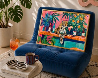 Leopard at the Bar Wall Art - Maximalist Cheetah Bar Cart Art Cocktail Prints Colorful
