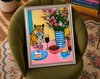 Tiger Kitchen Wall Art, Maximalist Animal Print, Whimsical Big Cat Poster, Butter Yellow Kitchen Decor