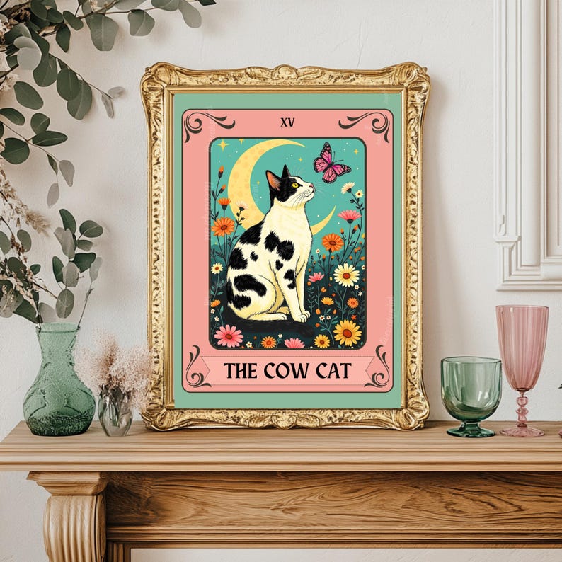 Cow Cat Tarot Card Wall Art – Cow Cat Artwork Black and White Cat Poster Witchy Cat Decor Moo Cat Wall Art Gift Cow Cat Gift Idea bild 7