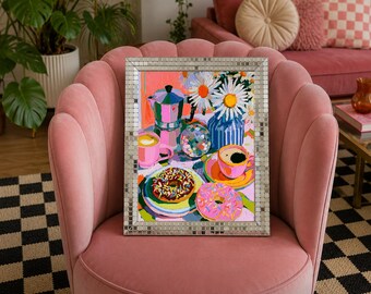 Coffee and Disco Donuts Wall Art - Pink Disco Ball Kitchen Poster,