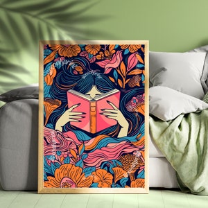 William Morris Inspired Reading Print - Woman Reading In Bed - Girl Reading In Bed - Bookish Print - Reading Decor - Maximalist Wall Art
