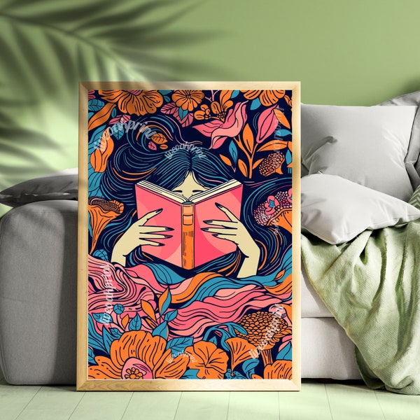 William Morris Inspired Reading Print - Woman Reading In Bed - Girl Reading In Bed - Bookish Print - Reading Decor - Maximalist Wall Art