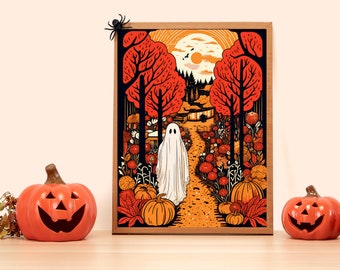 Oscar the Ghost Goes for a Fall Stroll - Retro Halloween Art - Cute Ghost Painting - Eco-friendly Decoration - Vintage Halloween autumn/fall