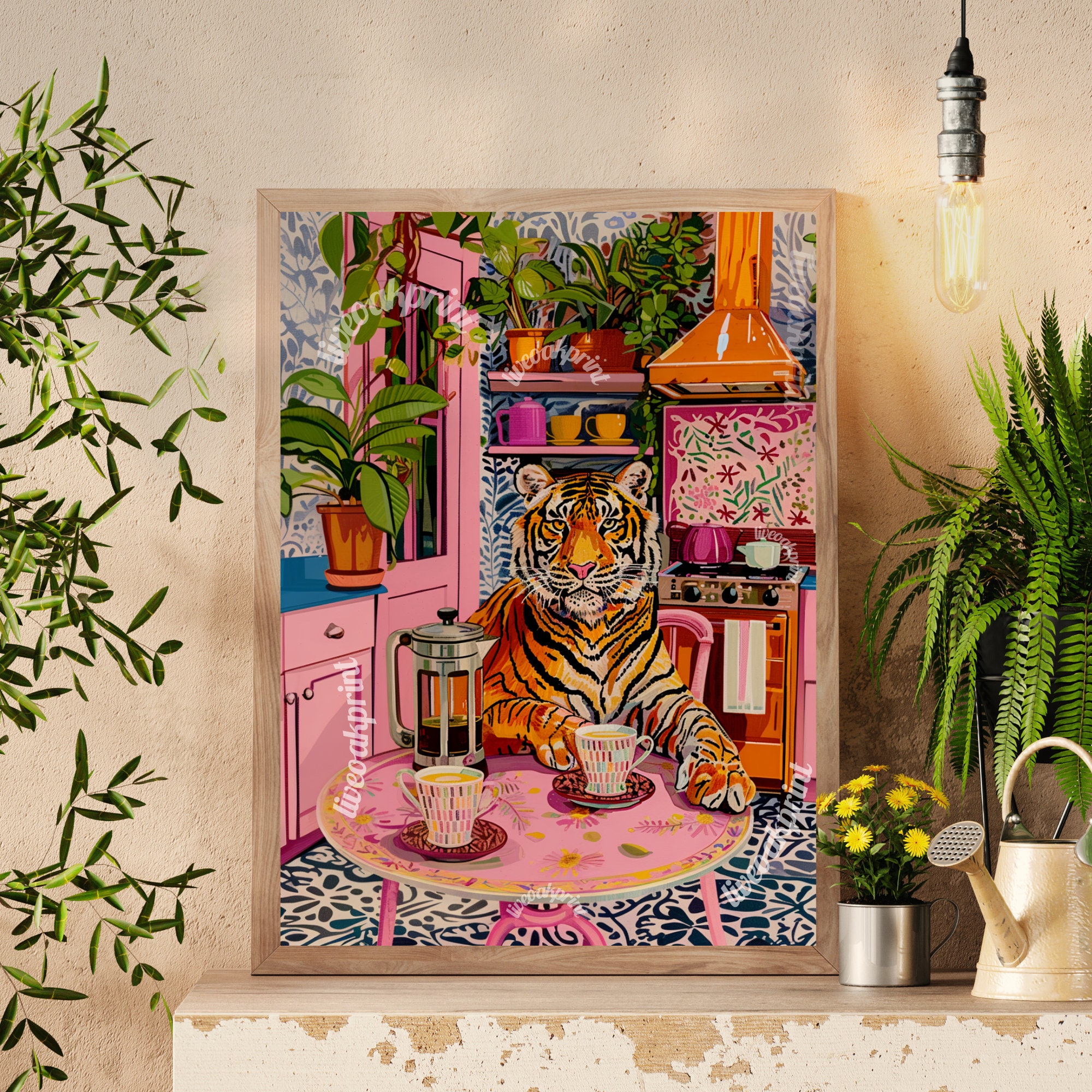 Tiger With Coffee and a French Press Print - Maximalist Kitchen Wall Art - Bold Tiger Coffee Lover Decor - Vintage-Inspired Jungle Print