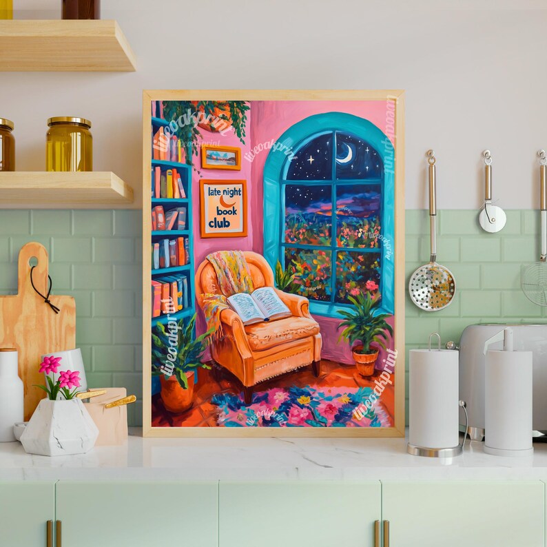 May include: A painting of a cozy living room with a bookshelf, a comfy armchair, and a window with a view of a starry night. The text "late night book club" is on a sign on the bookshelf.