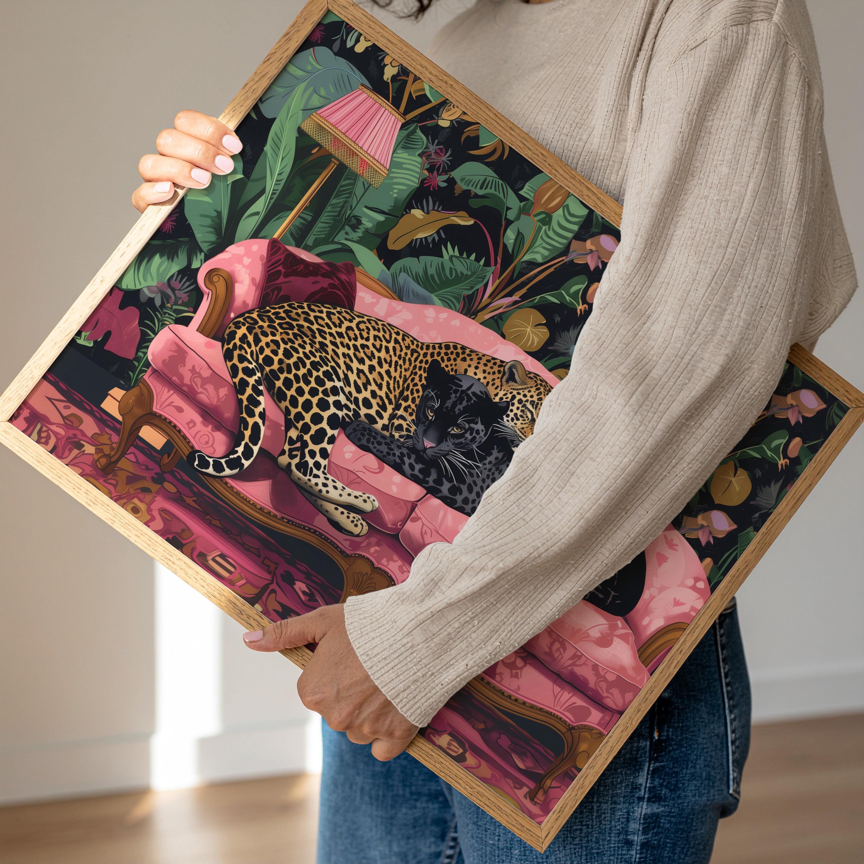 Snuggly Leopard and Black Panther in a Vintage Couch - Leopard