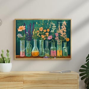 May include: A painting of a collection of glass bottles filled with colorful wildflowers against a teal background. The bottles are arranged in a row and the flowers are in various stages of bloom. The painting is titled "livecoatart".