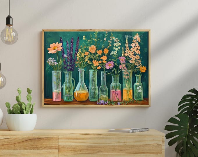 Flasks, Test Tubes & Wildflowers - Science Wall Art - Botanical Lab Decor - Scientist Gift - Whimsical Floral Chemistry Print