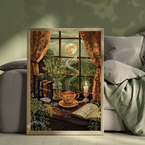 Coin lecture confortable - impression d'Halloween confortable - décoration d'Halloween vintage, impression de thé antique - impression cottagecore terreuse - décoration de coin lecture