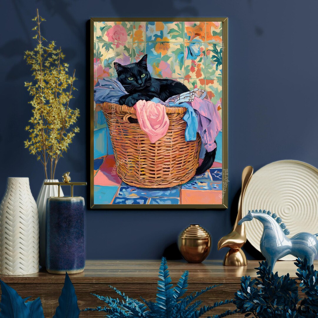 Black Cat Laundry Print - Black Cat Wall Art - Whimsical Laundry Room ...