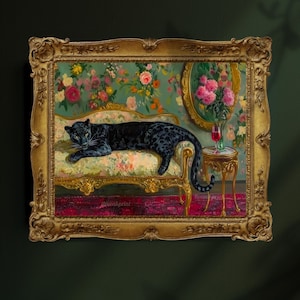 May include: A black panther lounges on a gold and white chaise lounge in a room with floral wallpaper. A glass of red wine sits on a gold side table.