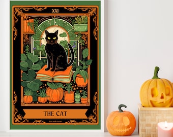 The Cat Tarot Card - Halloween Cat Print - Vintage Halloween Decor - House Plant Cat Art - Halloween Cat Vintage Art Print - Witchy Decor