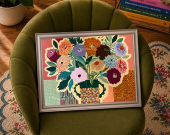 Addison Floral Wall Art - Maximalist Zinnia Bouquet Print. Eclectic Over the Couch Art Print, Earthy Retro Decor