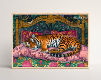 Sleepy Tiger in a Vintage Bed - Tiger Bedroom - Maximalist Wall Art - Tiger Print - Tiger Wall Art - Jungle Wall Decor