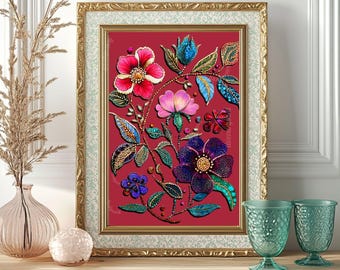 Red Floral Wall Art - Red Art Print - Jewel Tone Wall Decor - Red Living Room Decor - Vintage Wall Decor Deep Red Canvas Gold Jewel Tones