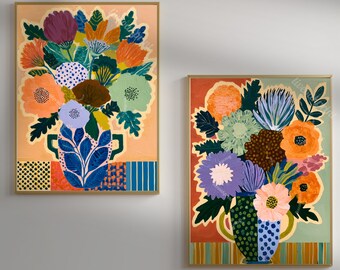 Set of 2 Floral Wall Art Prints - Terracotta and Teal Flower Vase Prints Blue and Orange
