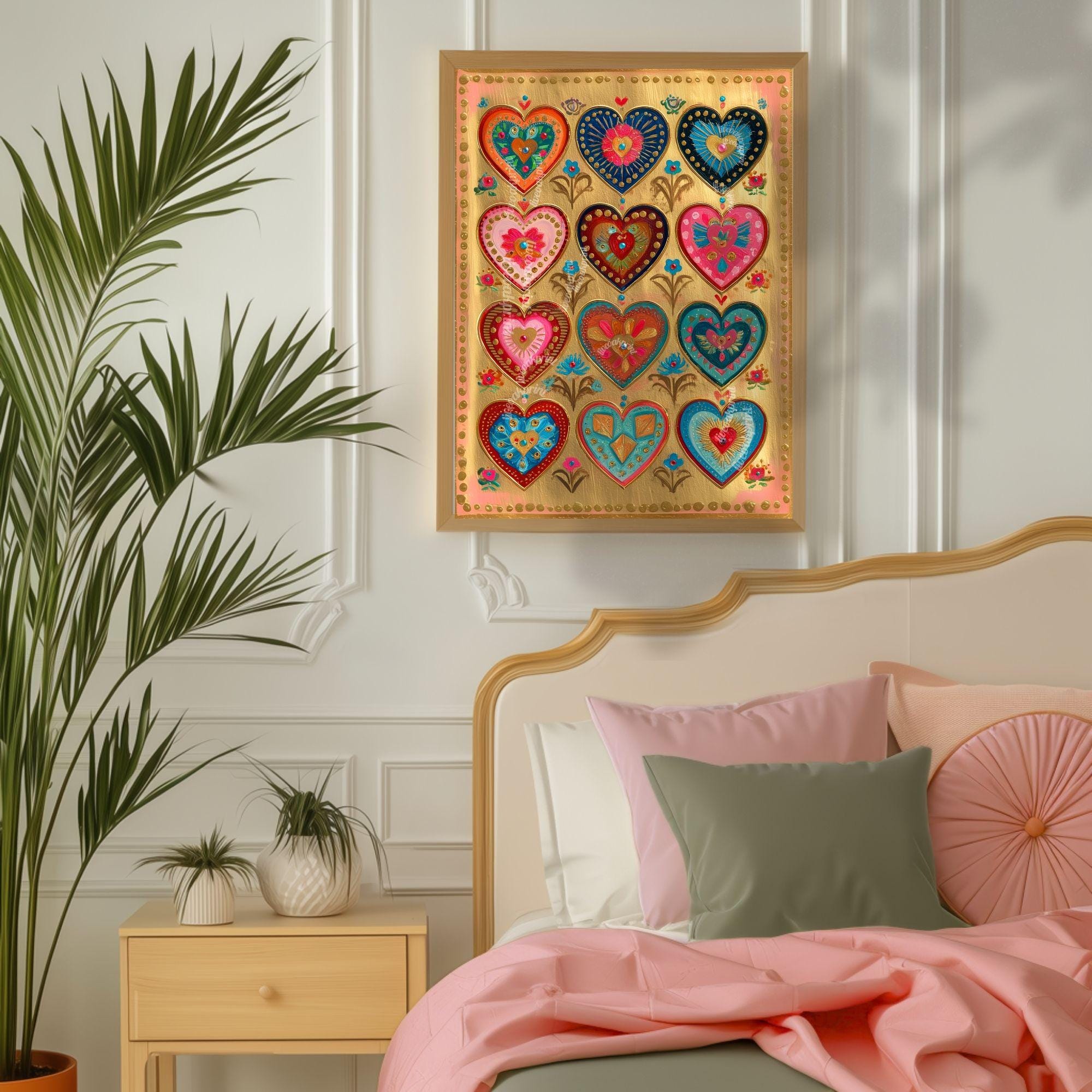 Folk Art Heart Wall Print – Colorful Sacred Hearts Artwork, Boho Gold ...