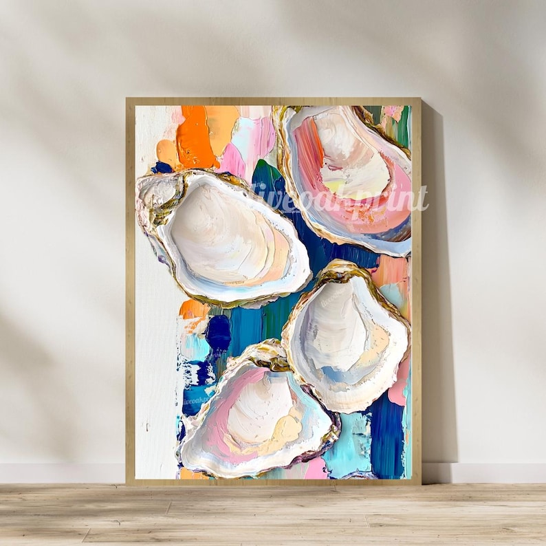 May include: Abstract painting of five oyster shells in shades of pink, white, blue, and orange on a textured background.