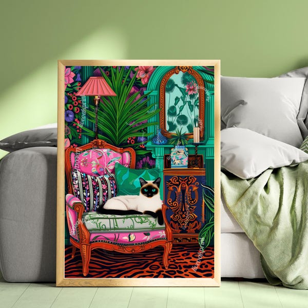 シャム猫プリント - ヴィンテージ猫プリント - ピンクのマキシマリストプリント - ボヘミアンウォールアート - マキシマリスト猫プリント - ボヘミアン猫デコレーション - シャム猫