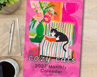 Calendario de pared 2027: Calendario de gatos acogedores, calendario de arte maximalista, ideas de regalos para amantes de los gatos.