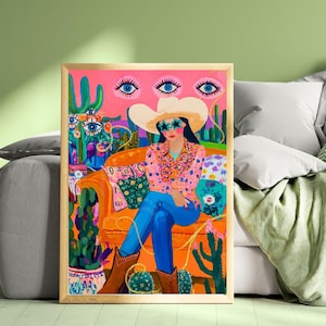 Surreales Cowgirl Art Print – Funky Western Wandkunst – Pinkes Maximalist-Dekor – Eklektisches Augen-Blumen-Poster – Kaktus-Wüsten-Druck