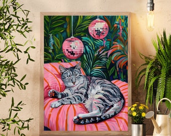 Cozy Gray Tabby Cat Print – Disco Ball Wall Art – Boho Cat Poster – Green Pink Bedroom Decor – Eclectic Discocore Aesthetic Gray Cat