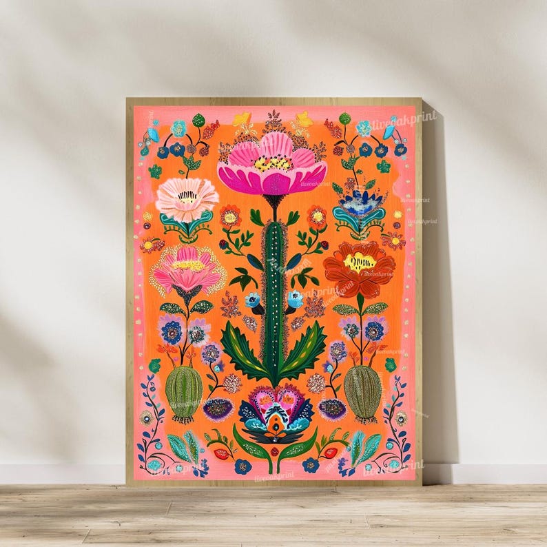 Set of Two Vibrant Mexican Cactus Wall Art – Folk-style Desert Print ...