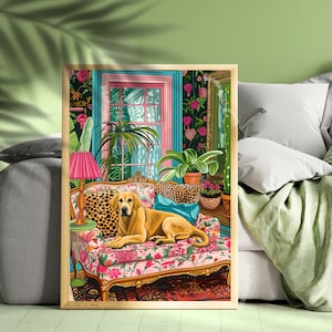 Labrador Lounging on a Luxury Sofa - Maximalist Yellow Lab Print - Lab Dog Print - Yellow Lab Wall Art - Labrador Gift