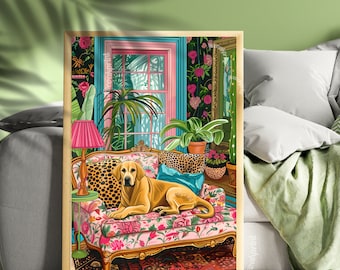 Labrador Lounging on a Luxury Sofa - Maximalist Yellow Lab Print - Lab Dog Print - Yellow Lab Wall Art - Labrador Gift