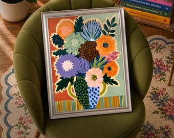Olivia Terracotta and Blue Floral Wall Decor - Mid Century Modern Floral Wall Art Bohemian Art Print