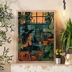 Witch Drinking Coffee, Looking Over an Urban Sunset - Plant Wall Art - Boho Witch Art - Black Cat Print - Witchy Wall Decor - Gothic Print