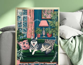 Husky Faulenzen auf einem Luxus Sofa – Maximalist Wand Kunst – Husky Hund Druck – Maximalismus Hunde Kunst - Siberian Husky Geschenk - Husky Wand Kunst