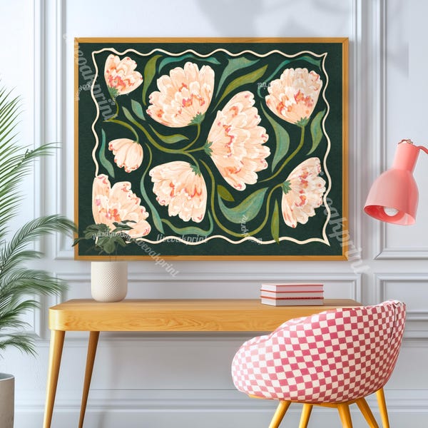 Donkergroene horizontale bloemenprint - muurkunst pioenroos over bank of boven bed