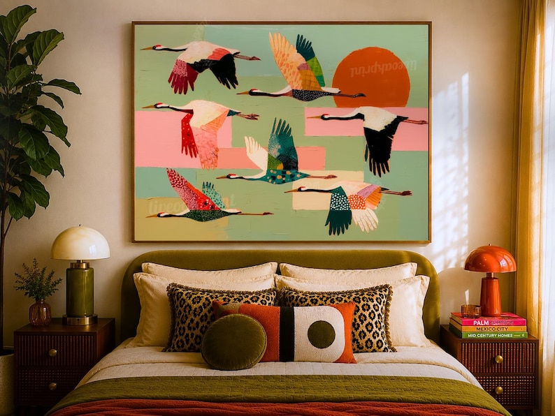 May include: A rectangular wall art print featuring six stylized cranes in flight against a sage green background. The birds display colorful, patterned wings in shades of red, orange, blue, and black. A large, solid orange circle represents the sun.