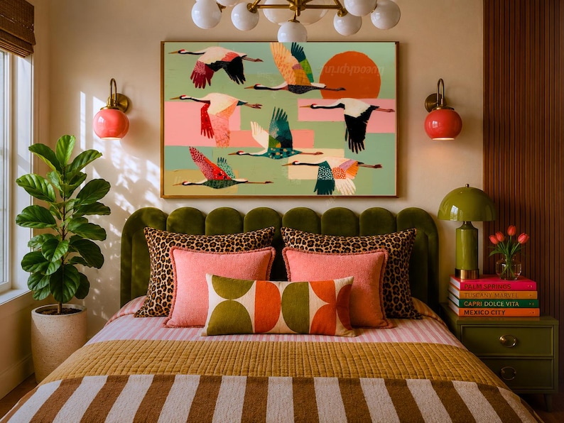 May include: A rectangular wall art print featuring a flock of stylized cranes in flight against a light green background with a large orange sun, layered with pink and yellow rectangular shapes, displayed in a thin gold frame above a bed.