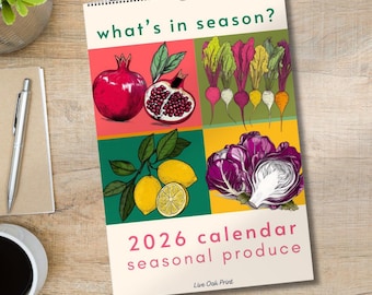 Calendario de pared 2026: Calendario de productos de temporada 2026 Calendario de cocina Calendario mensual 2026 Calendario de pared de frutas y verduras 2026