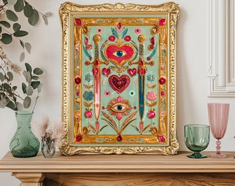 May include: Ornate framed artwork featuring a teal background with a central heart and eye motif, flanked by swords. The artwork is adorned with floral and heart details in pink, red, and blue, set within a gold frame. Decorative piece for home decor.